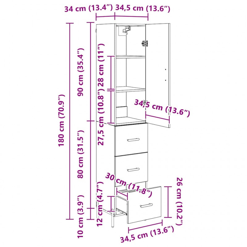 Highboard z szufladą Dąb rzemieślniczy 34,5 x 34 x 180 cm