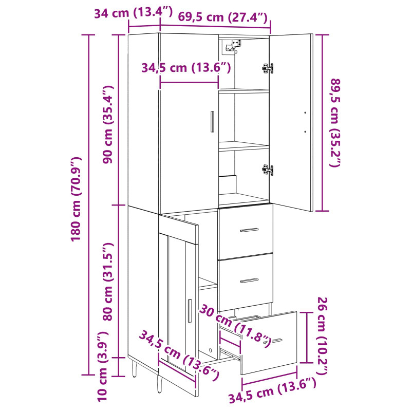 Highboard 2 pcs Dąb rzemieślniczy Drewno inżynieryjne i szkło