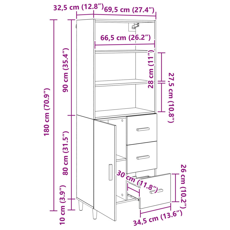 Highboard z szufladą Dąb rzemieślniczy 69,5 x 32,5 x 180 cm