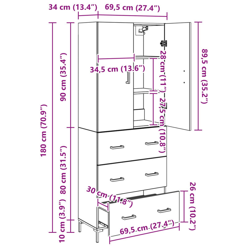 Highboard z szufladą Dąb rzemieślniczy 69,5 x 34 x 180 cm