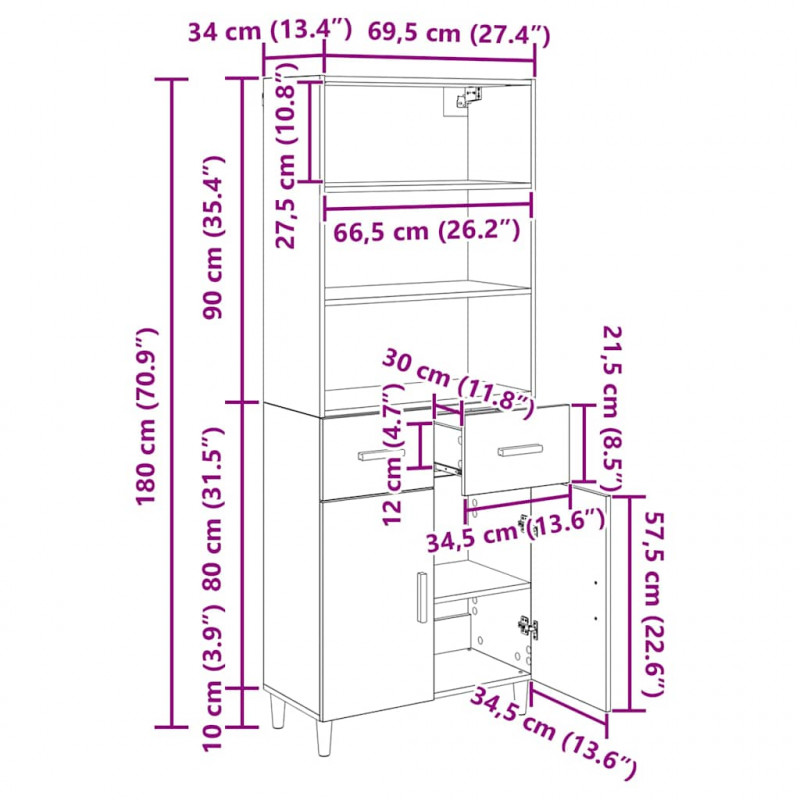Highboard z szufladą Dąb rzemieślniczy 69,5 x 34 x 180 cm