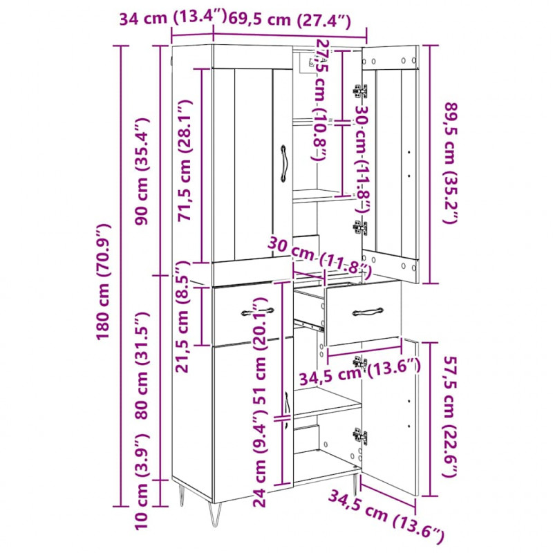Highboard z szufladą Dąb rzemieślniczy 69,5 x 34 x 180 cm