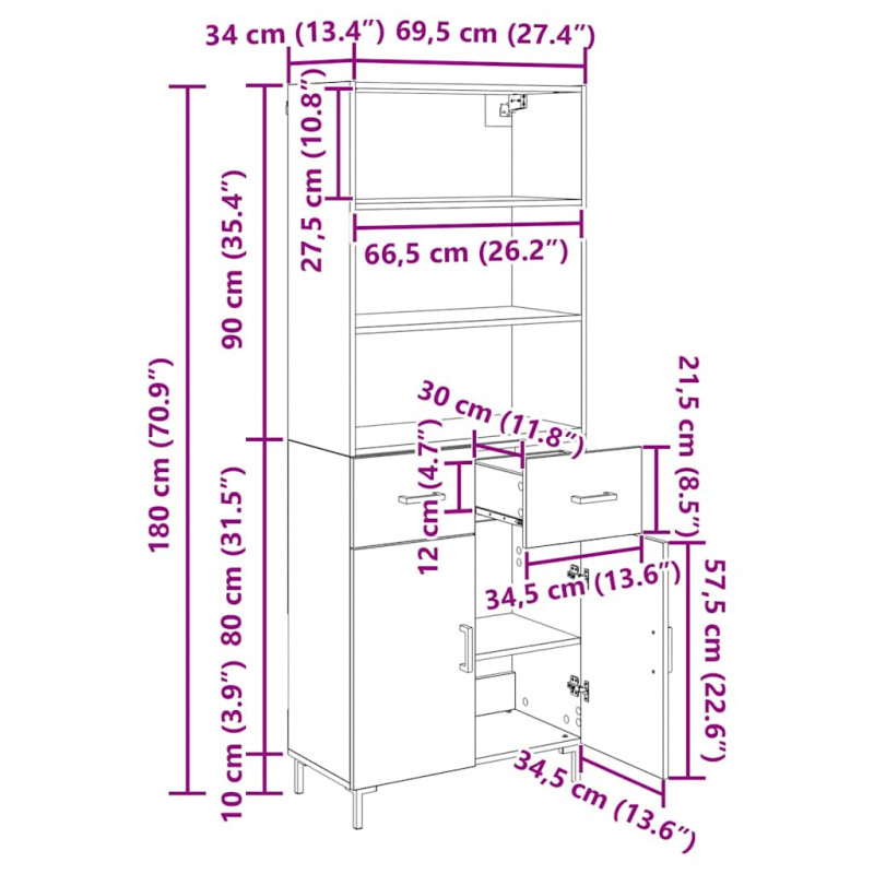Highboard z szufladą Dąb rzemieślniczy 69,5 x 34 x 180 cm
