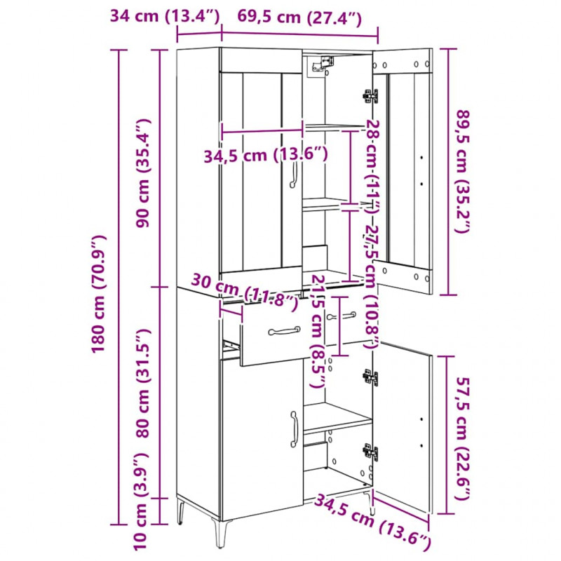 Highboard z szufladą Dąb rzemieślniczy 69,5 x 34 x 180 cm
