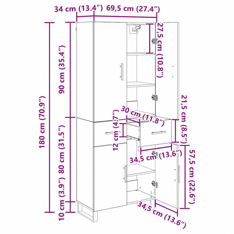 Highboard z szufladą 2 pcs Dąb rzemieślniczy 69,5 x 34 x 180 cm