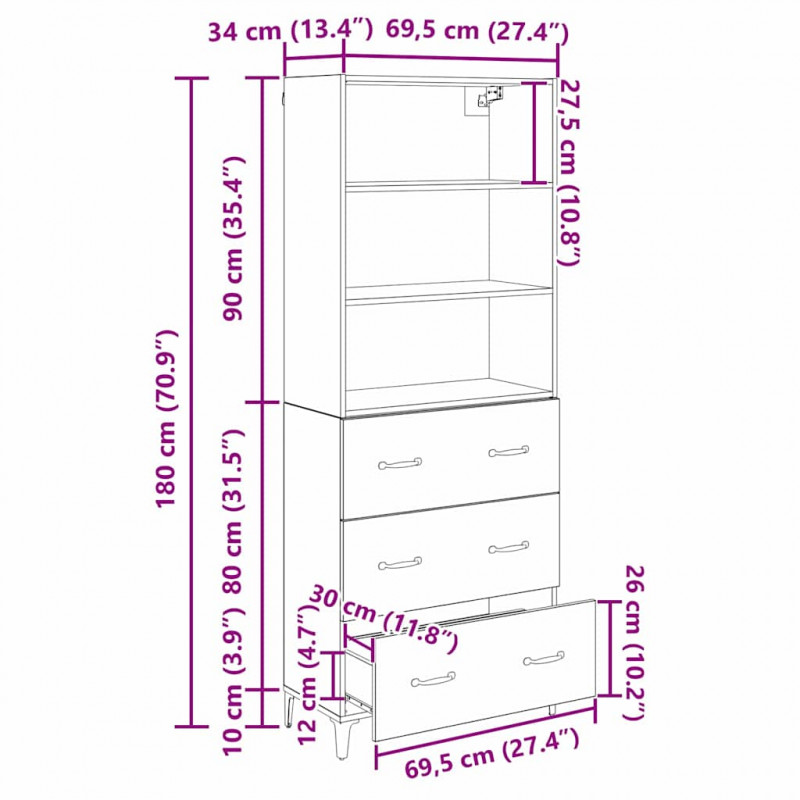 Highboard z szufladą Dąb rzemieślniczy 69,5 x 34 x 180 cm