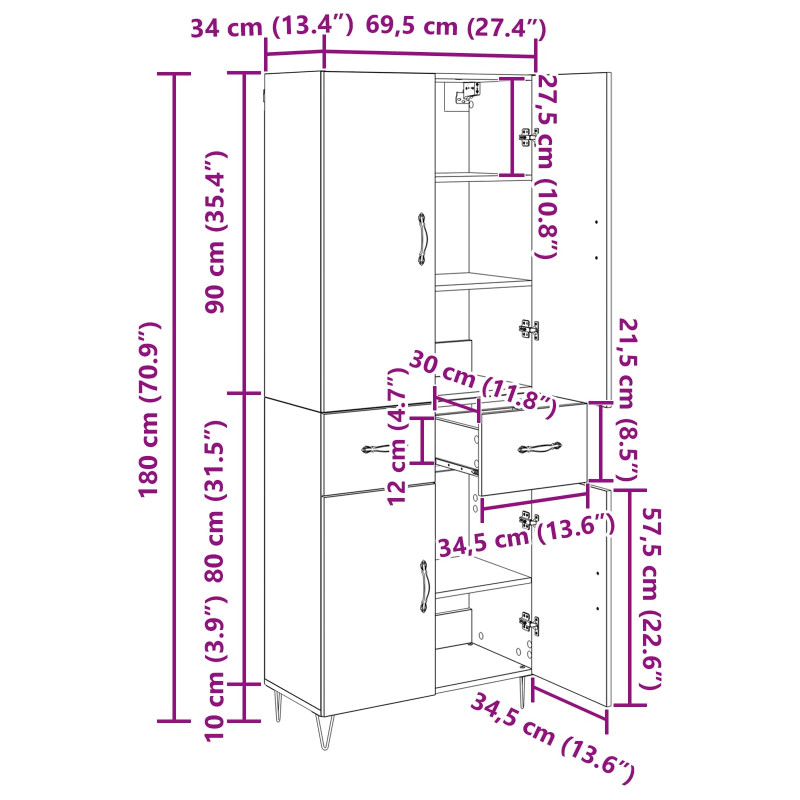 Highboard 2 pcs Dąb rzemieślniczy Drewno inżynieryjne i szkło