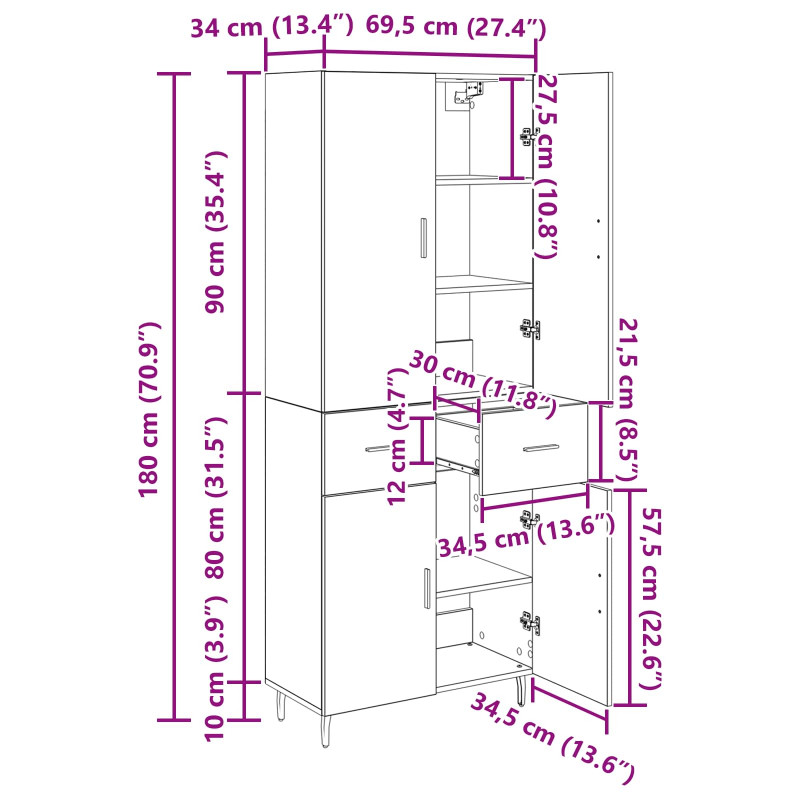 Highboard 2 pcs Dąb rzemieślniczy Drewno inżynieryjne i szkło