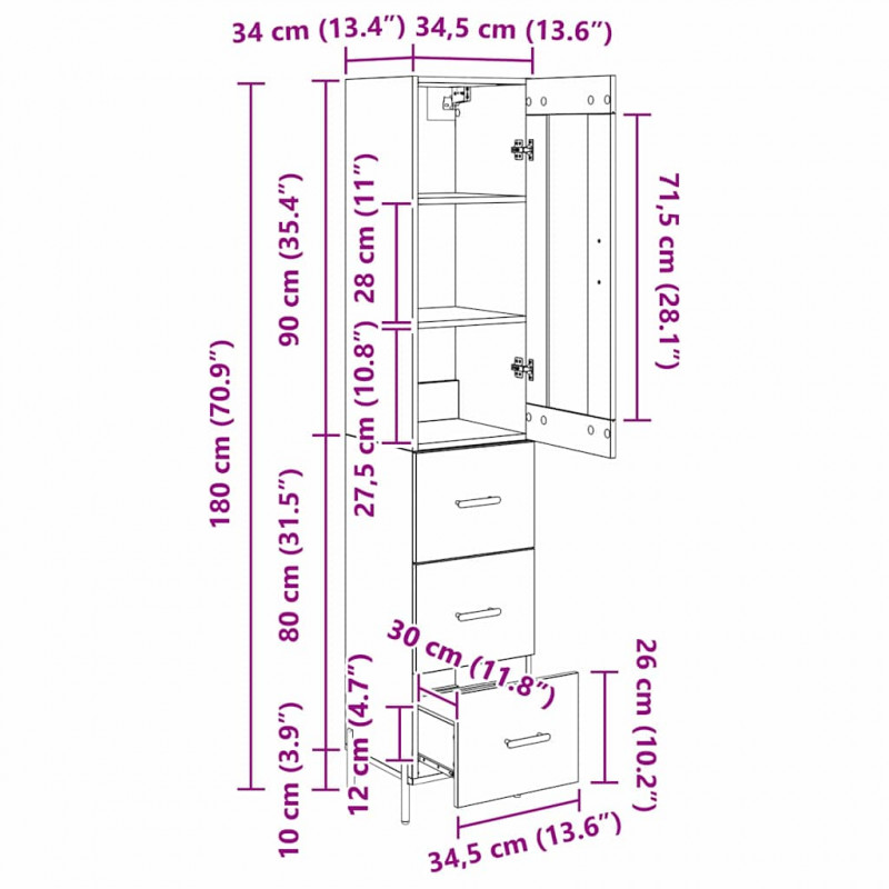 Highboard z szufladą Dąb rzemieślniczy 34,5 x 34 x 180 cm