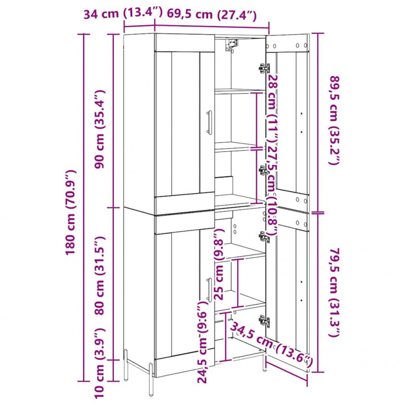 Highboard Dąb rzemieślniczy 69,5 x 34 x 180 cm