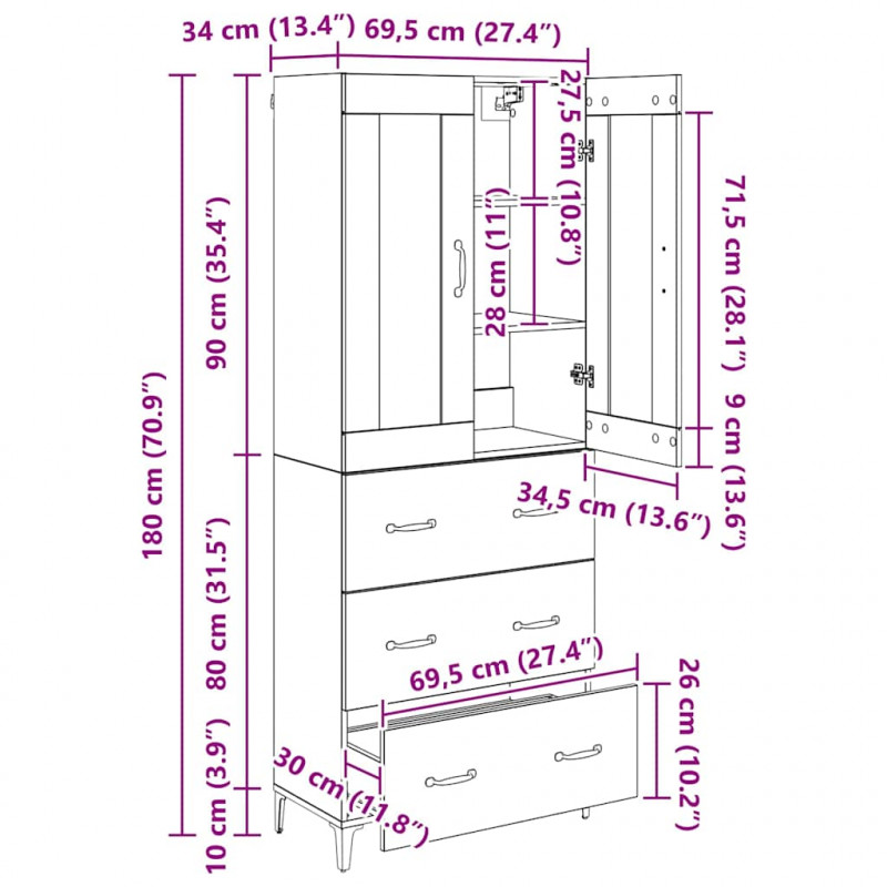 Highboard z szufladą Dąb rzemieślniczy 69,5 x 34 x 180 cm