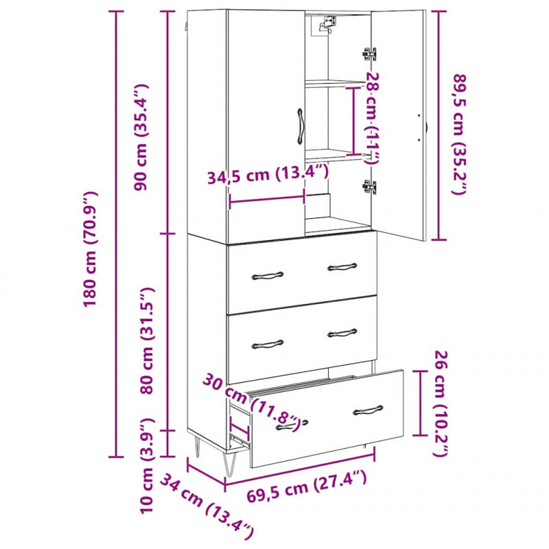 Highboard 2 pcs Dąb rzemieślniczy Drewno inżynieryjne i szkło