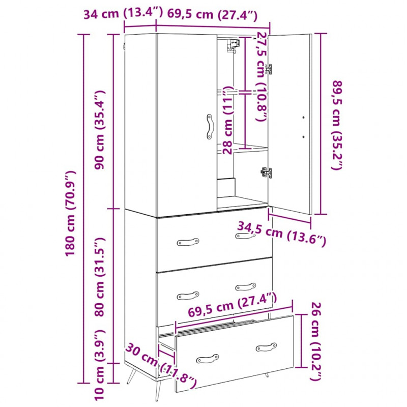 Highboard z szufladą Dąb rzemieślniczy 69,5 x 34 x 180 cm