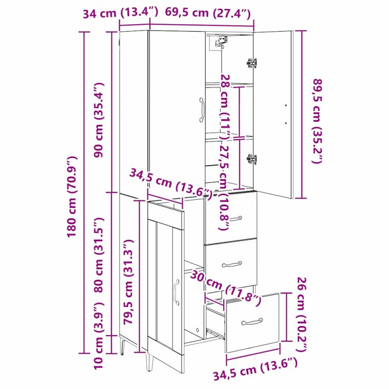 Highboard z szufladą Dąb rzemieślniczy 69,5 x 34 x 180 cm