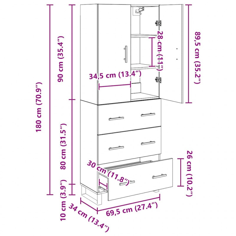 Highboard z szufladą 2 pcs Dąb rzemieślniczy 69,5 x 34 x 180 cm