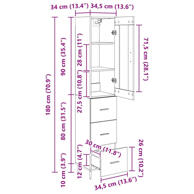 Highboard z szufladą Dąb rzemieślniczy 34,5 x 34 x 180 cm