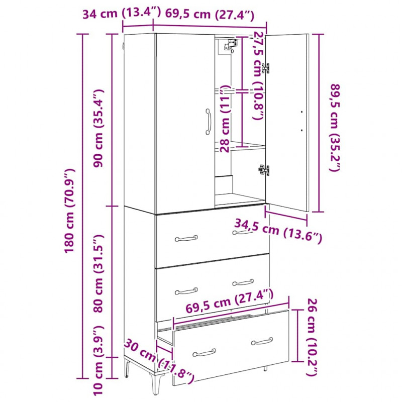 Highboard z szufladą Dąb rzemieślniczy 69,5 x 34 x 180 cm