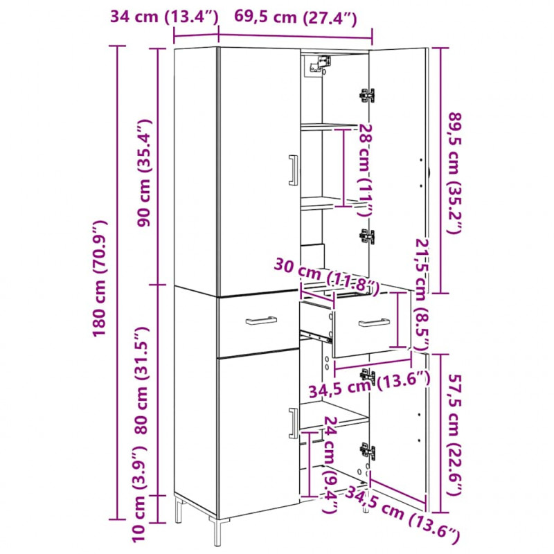 Highboard z szufladą Dąb rzemieślniczy 69,5 x 34 x 180 cm