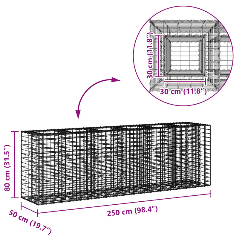Podniesione łóżko gabionowe 2 pcs Srebrny 250 x 50 x 80 cm