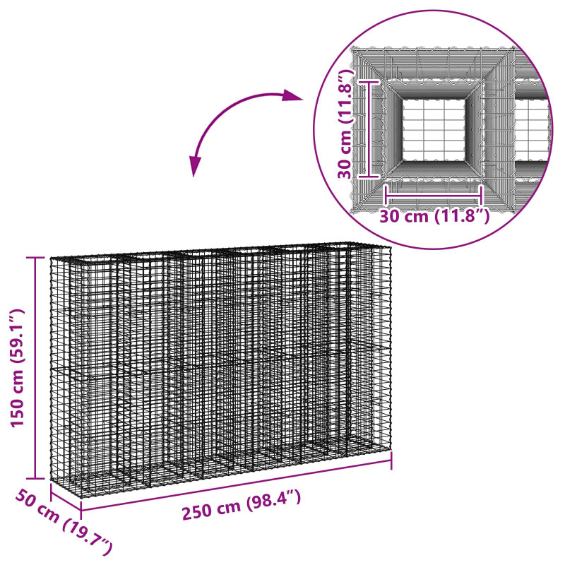 Podniesione łóżko gabionowe 3 pcs Srebrny 250 x 50 x 150 cm