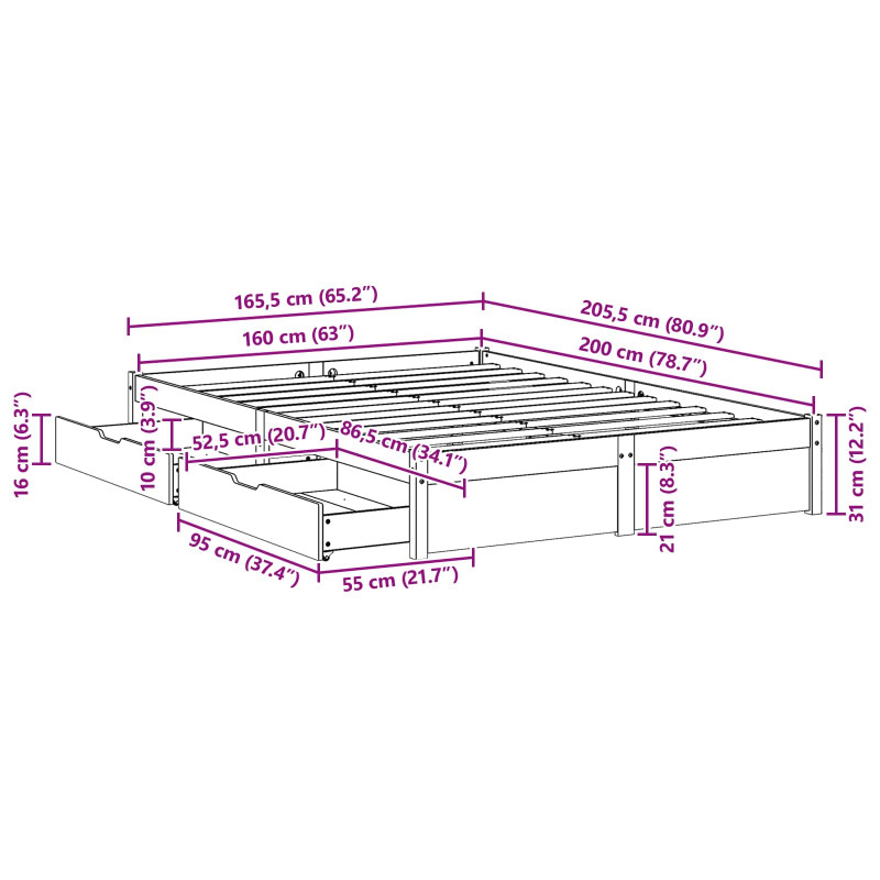 Ramka łóżka z szufladą 3 pcs Woskowy Brąz Lite drewno sosnowe