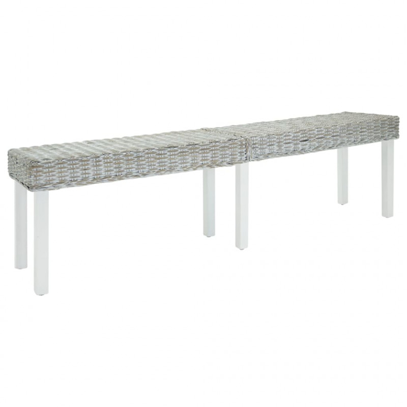 Ławka biała, 160x35x45 cm, naturalny rattan kubu i drewno mahoniowe