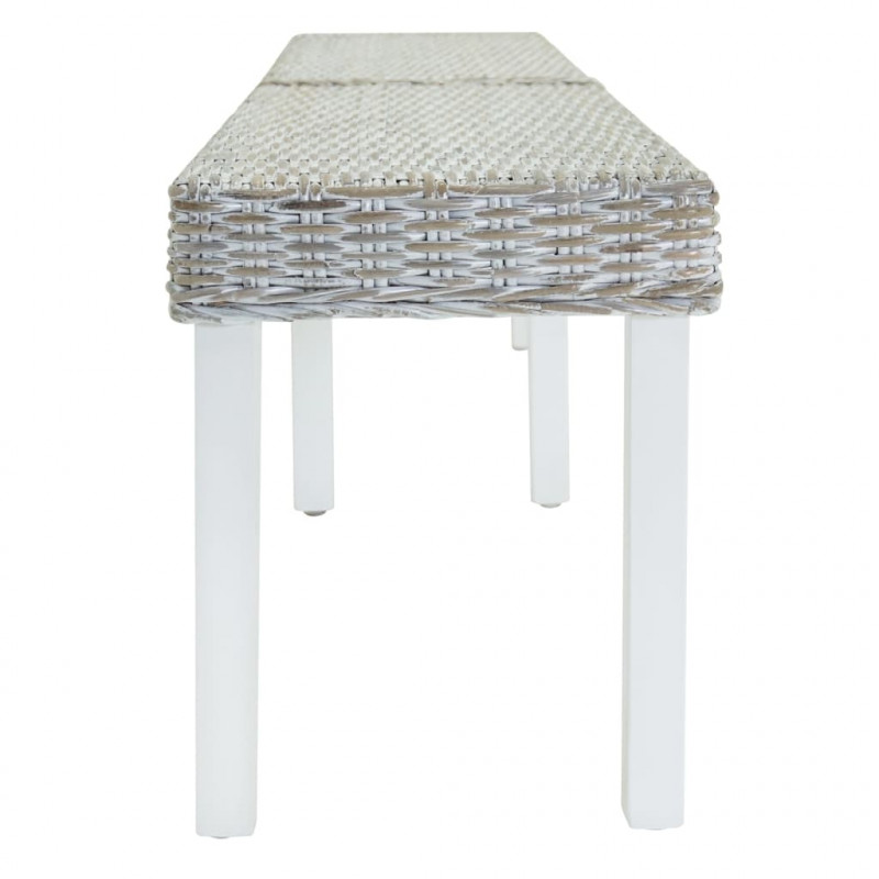 Ławka biała, 160x35x45 cm, naturalny rattan kubu i drewno mahoniowe