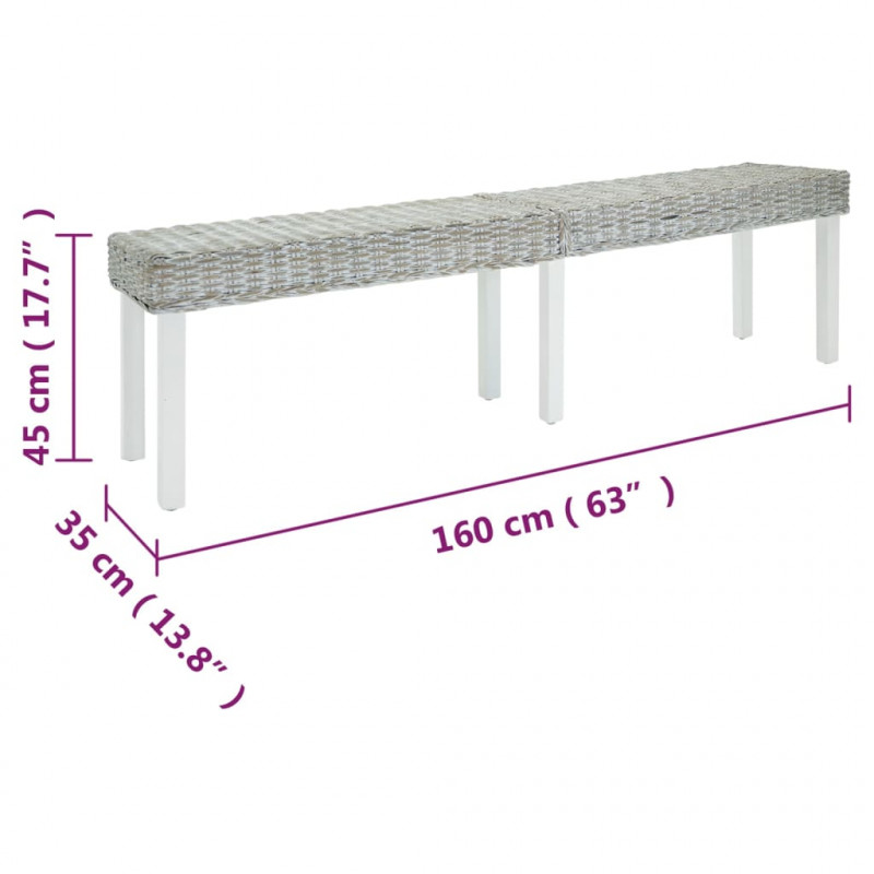 Ławka biała, 160x35x45 cm, naturalny rattan kubu i drewno mahoniowe