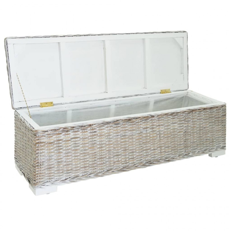 Skrzynia, biała, 110 cm, naturalny rattan kubu i drewno mahoniowe