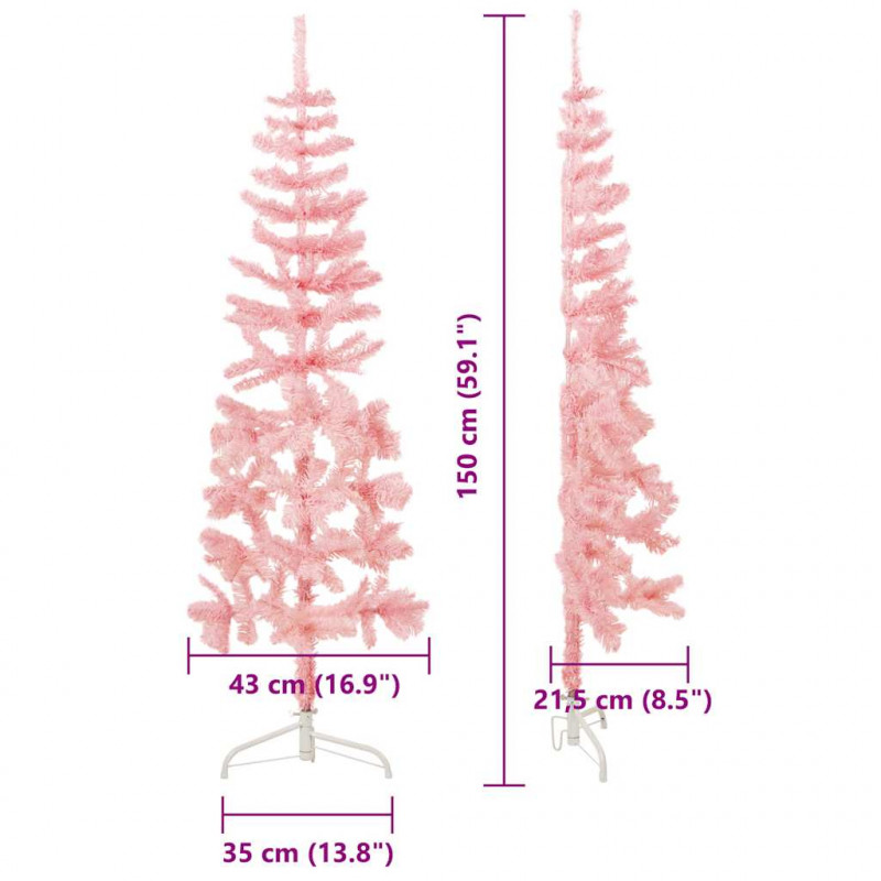 Smukła choinka połówka ze stojakiem, sztuczna, różowa, 150 cm