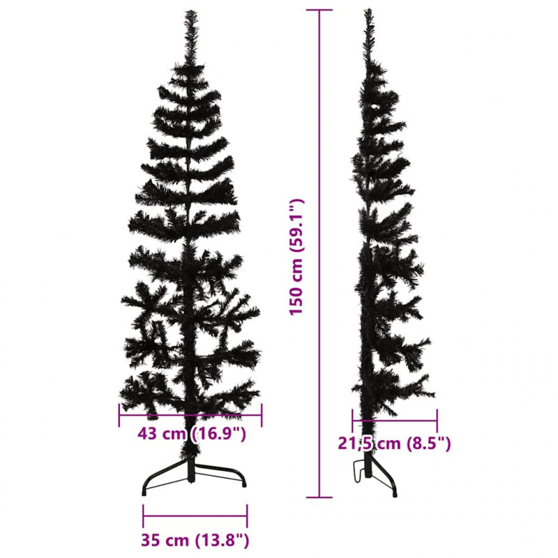 Smukła choinka połówka ze stojakiem, sztuczna, czarna, 150 cm