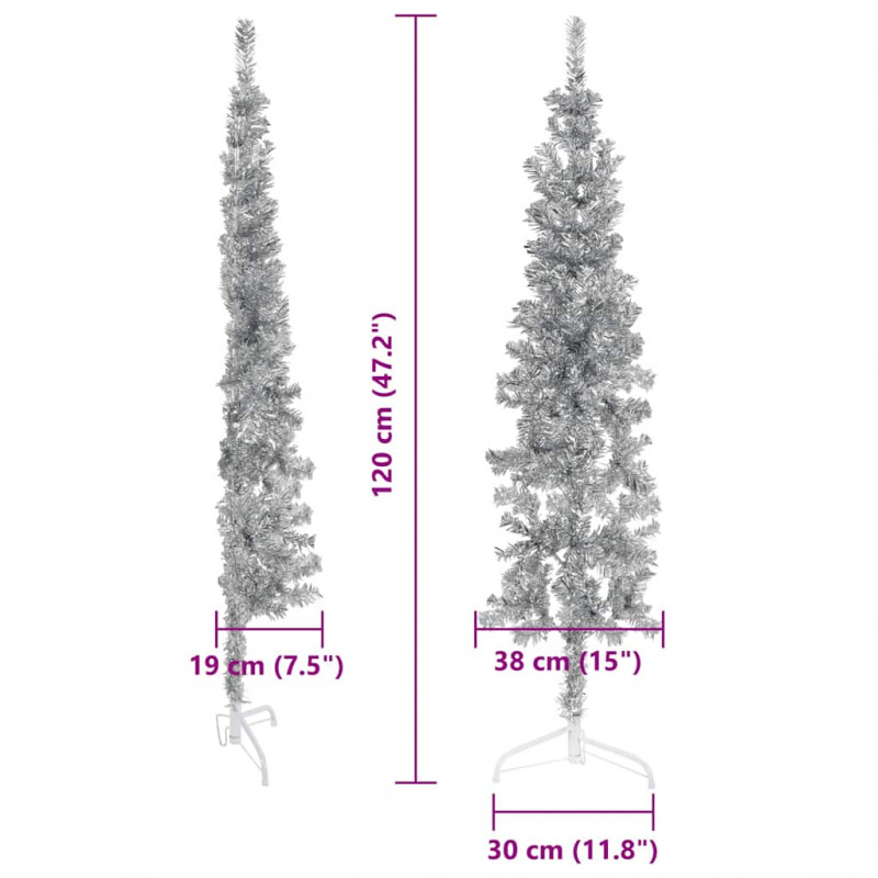Smukła choinka połówka ze stojakiem, sztuczna, srebrna, 120 cm
