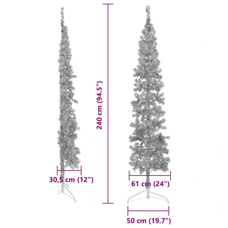 Smukła choinka połówka ze stojakiem, sztuczna, srebrna, 240 cm