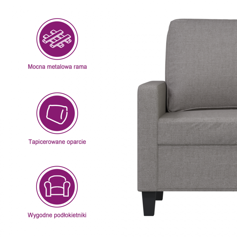 Sofa 3-osobowa, jasnoszara, 180 cm, tapicerowana tkaniną