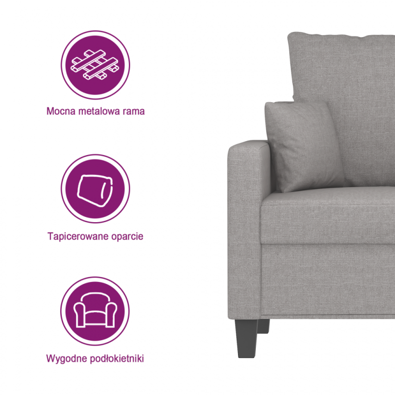 Sofa 3-osobowa, jasnoszara, 210 cm, tapicerowana tkaniną