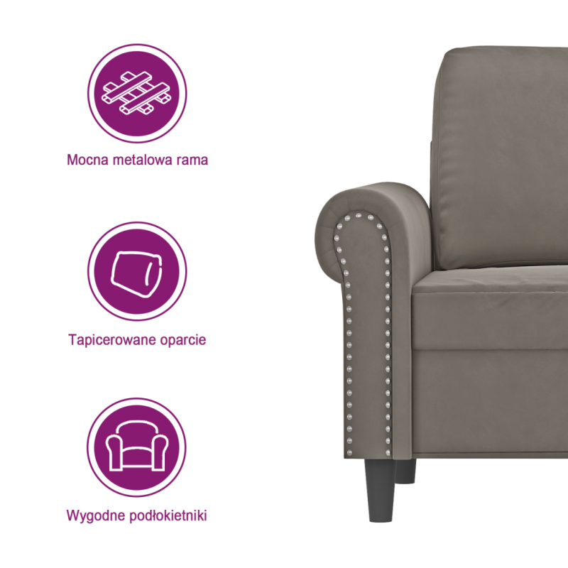 Sofa 2-osobowa, jasnoszara, 140 cm, tapicerowana aksamitem