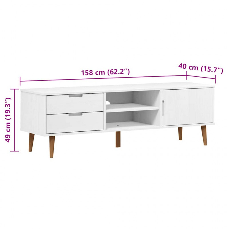 Szafka TV MOLDE, biała, 158x40x49 cm, lite drewno sosnowe