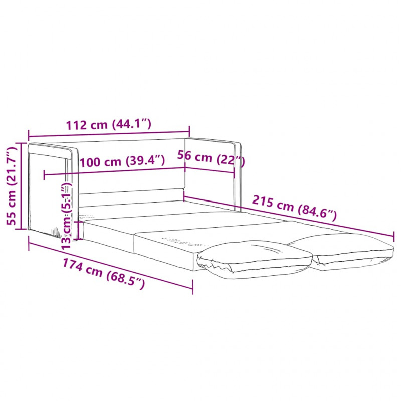 Sofa podłogowa 2-w-1, czarna, 112x174x55 cm, tkanina