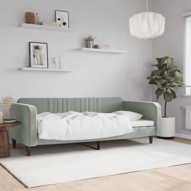Sofa z funkcją spania, jasnoszara, 90x190 cm, obita aksamitem