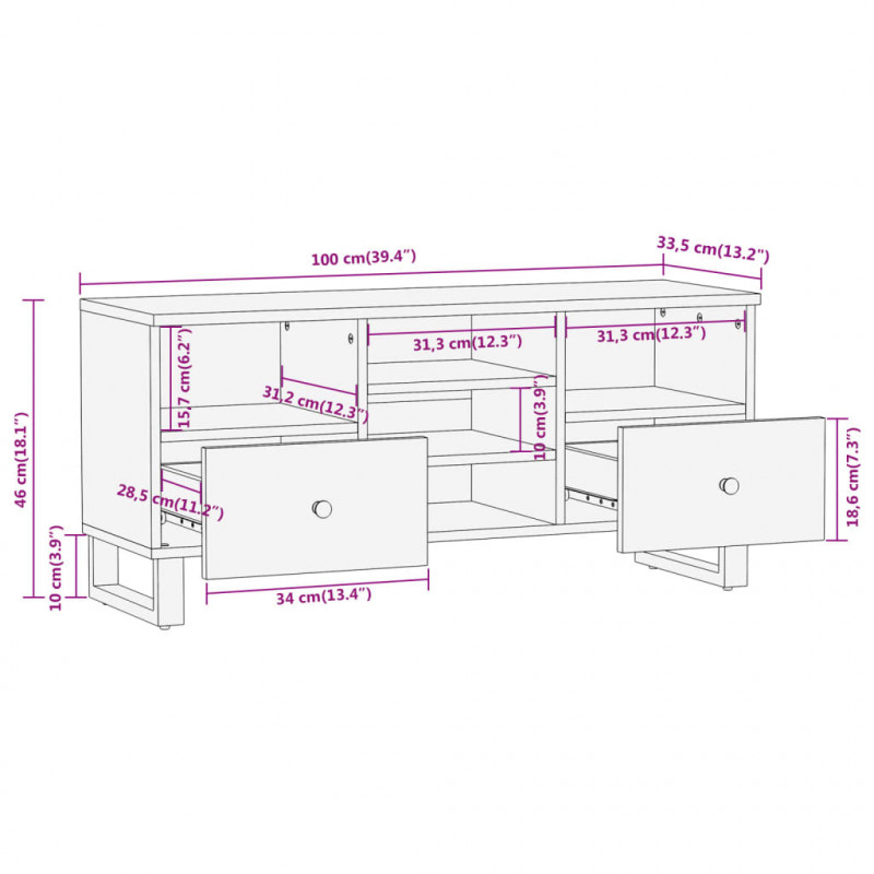 Szafka pod TV, brązowo-czarna 100x33,5x46 cm, lite drewno mango