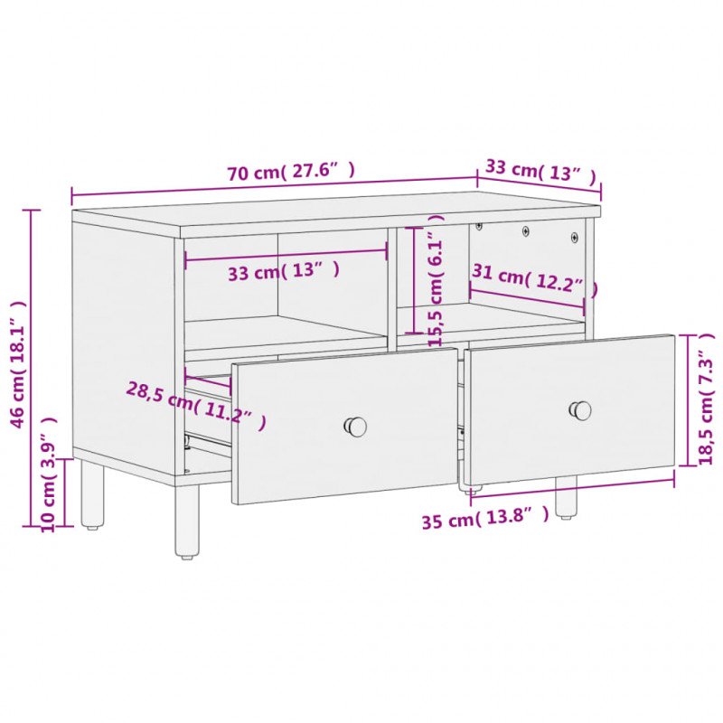 Szafka pod telewizor, czarna, 70x33x46 cm, lite drewno mango