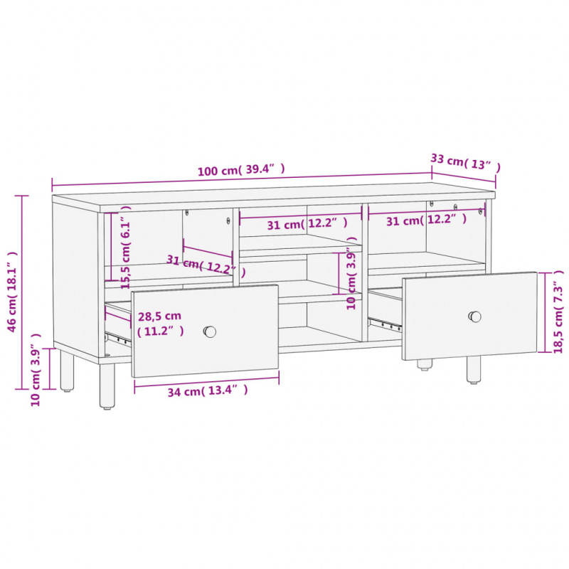 Szafka pod telewizor, czarna, 100x33x46 cm, lite drewno mango