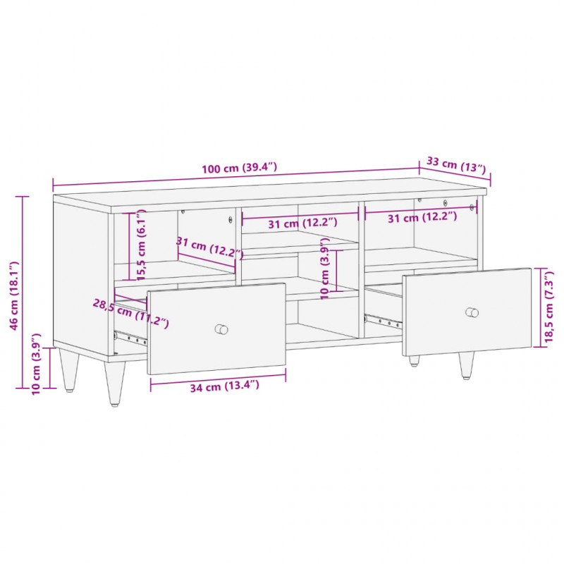 Szafka pod telewizor, 100x33x46 cm, lite drewno mango