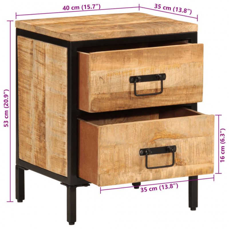 Szafka nocna z 2 szufladami, 40x35x53 cm, surowe drewno mango