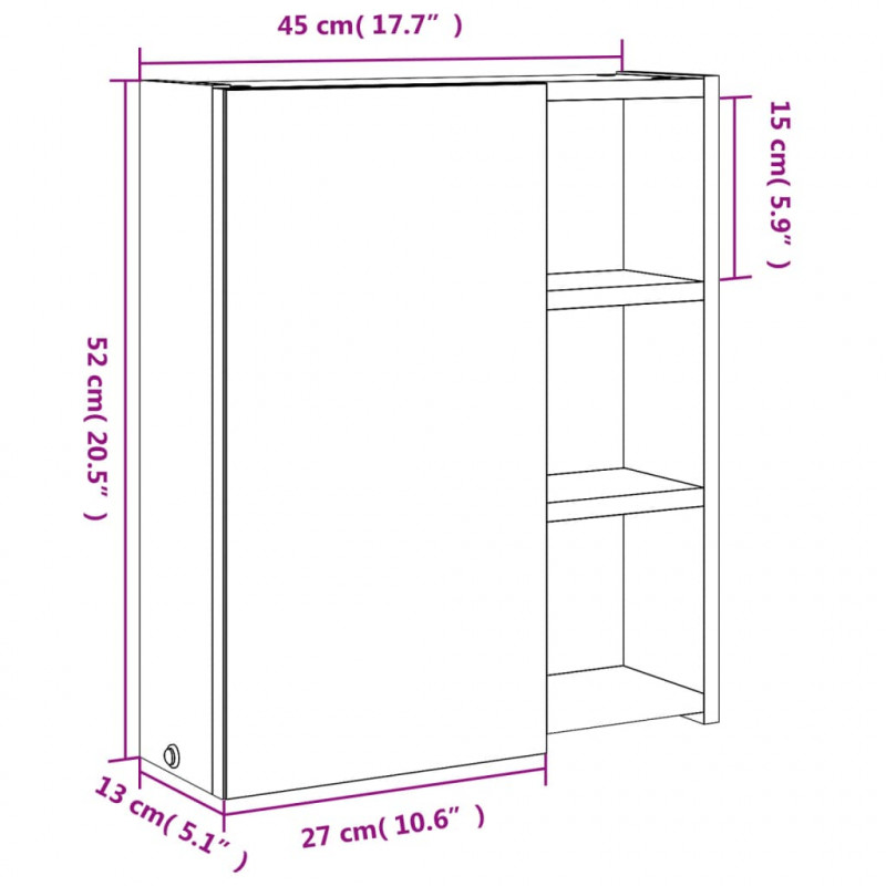 Szafka łazienkowa z lustrem i LED, kolor dębu, 45x13x52 cm