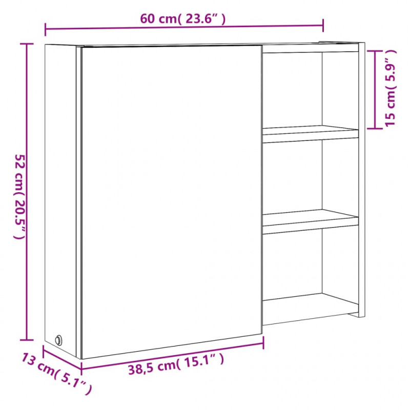 Szafka łazienkowa z lustrem i LED, kolor dębu, 60x13x52 cm