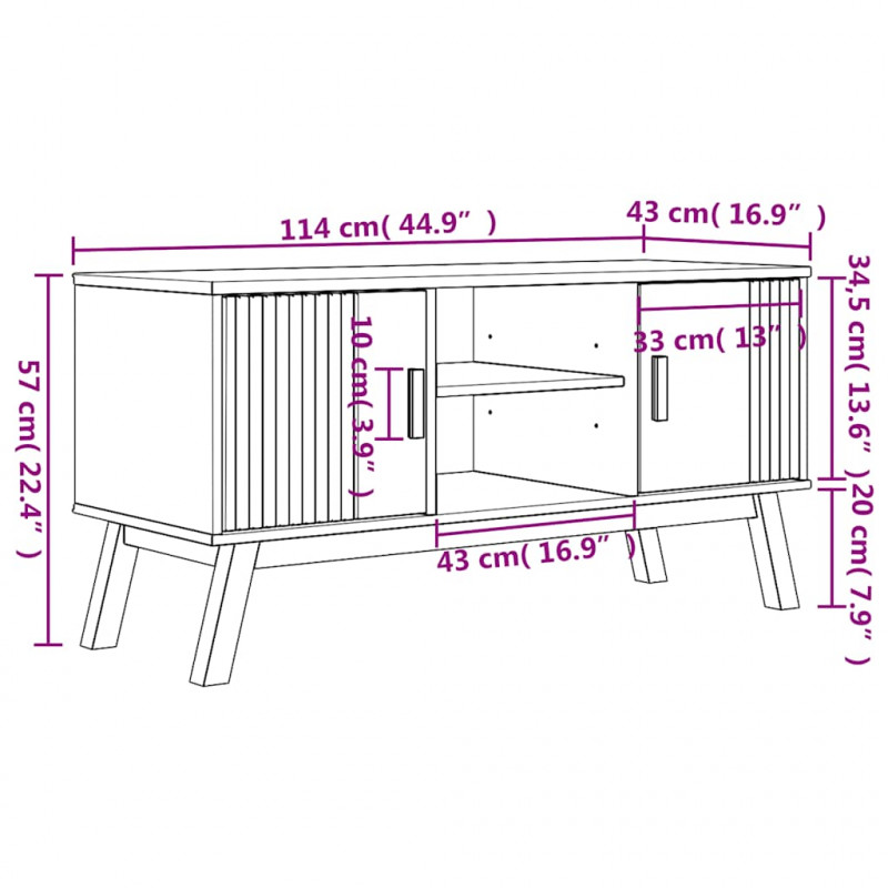 Szafka RTV OLDEN, brązowa, 114x43x57 cm, lite drewno sosnowe