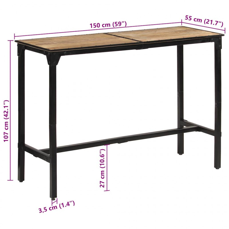 Stolik barowy, 150x55x107 cm, surowe lite drewno mango