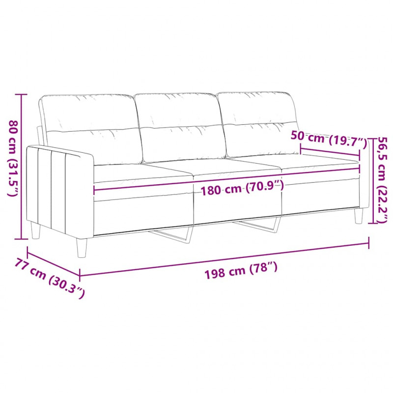 Sofa 3-osobowa, czarna, 180 cm, tapicerowana tkaniną