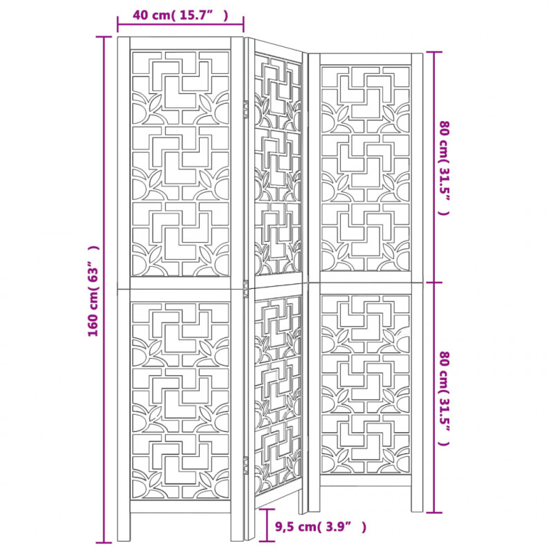 Parawan pokojowy, 3-panelowy, lite drewno paulowni